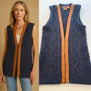 Tory Burch Knit Merino Wool Blend Vest Navy Speckled Leather Trim Sz Size Small